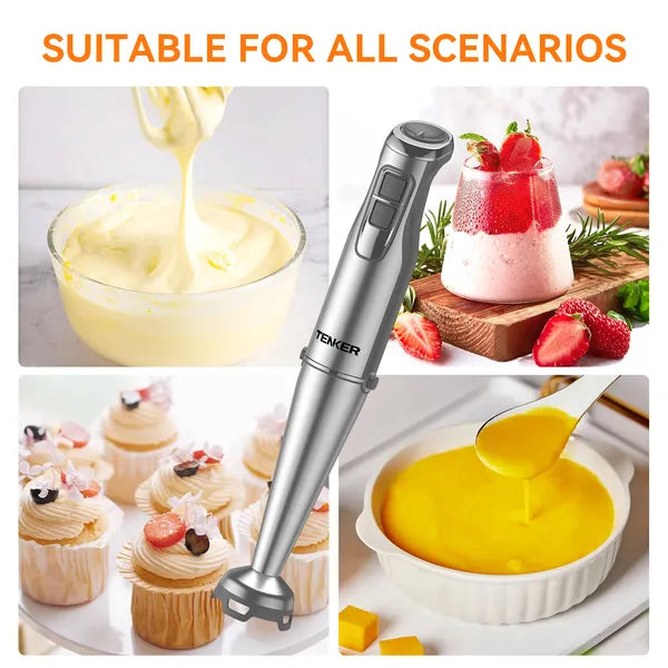 TENKER 1100W Immersion Hand Blender, Stainless Steel Stick Blender With 12-Speed & Turbo Mode, 5-in-1 Handheld Blender With 600ml Mixing Beaker With Lid, 500ml Chopper, Whisk, Milk Frother, BPA-Free