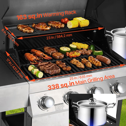 Gas Grill, 4 Burner Propane Gas Grill With Side Burner, 425 SQ.In Grilling Area, Carbon Steel Enamel Grates, Outdoor 52,000 BTU Patio Garden BBQ Grills With Two Side Shelves, Stainless Steel