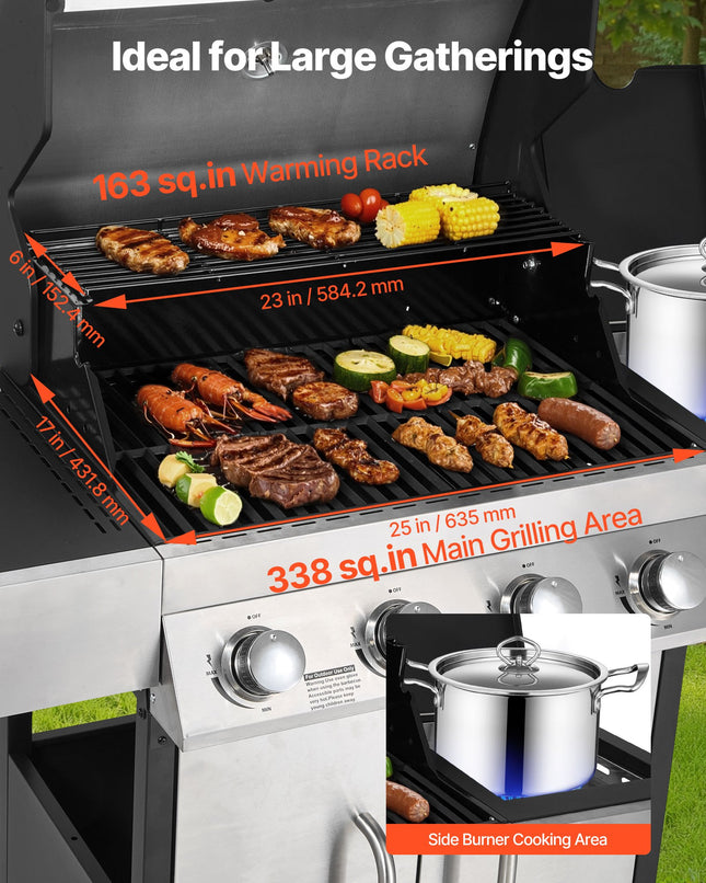 Gas Grill, 4 Burner Propane Gas Grill With Side Burner, 425 SQ.In Grilling Area, Carbon Steel Enamel Grates, Outdoor 52,000 BTU Patio Garden BBQ Grills With Two Side Shelves, Stainless Steel