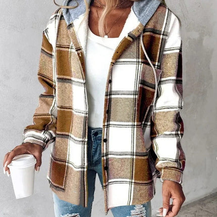 Plaid Hooded Jacket Fashion Casual Button Pocket Coat Autumn And Winter Women's Clothing