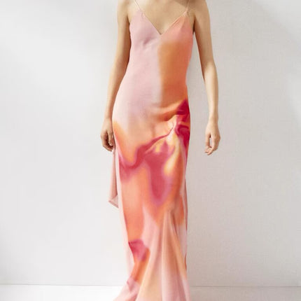 Women Clothing Autumn Elegant Sweet Spicy Wind Belt Scarf Decoration Tie Dyed Printed Dress .Ships from overseas. Estimated delivery: 14–20 business days