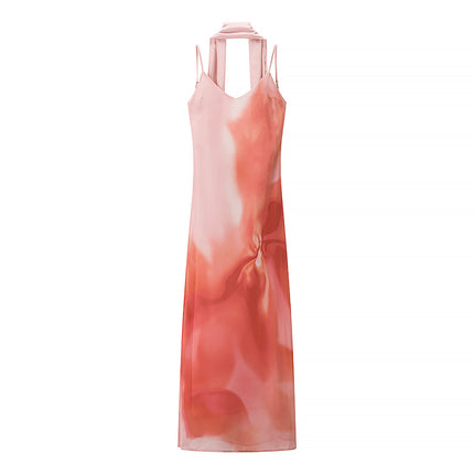 Women Clothing Autumn Elegant Sweet Spicy Wind Belt Scarf Decoration Tie Dyed Printed Dress .Ships from overseas. Estimated delivery: 14–20 business days