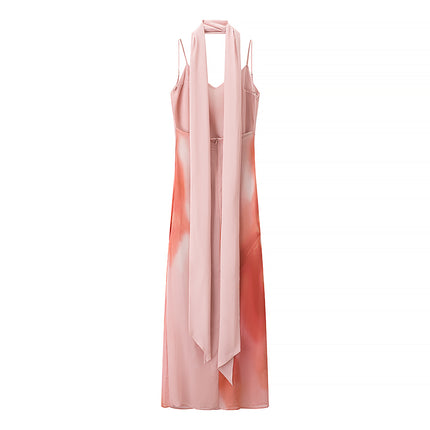 Women Clothing Autumn Elegant Sweet Spicy Wind Belt Scarf Decoration Tie Dyed Printed Dress .Ships from overseas. Estimated delivery: 14–20 business days