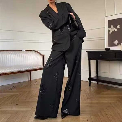 Spring Women Clothing Embroidered Sequ Striped Work Pant Two Piece Sets .Ships from overseas. Estimated delivery: 14–20 business days