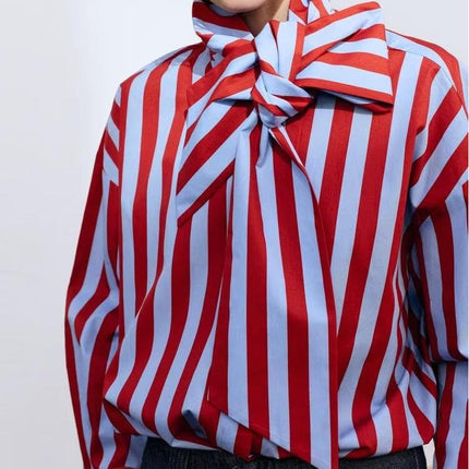 Women Clothing Spring Casual Minimalist Bowknot Contrast Color Striped Shirt .Ships from overseas. Estimated delivery: 14–20 business days