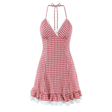 Women Clothing Summer Sexy Retro French Plaid V neck Lace Dress