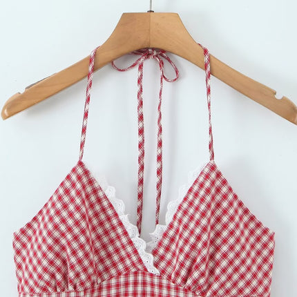 Women Clothing Summer Sexy Retro French Plaid V neck Lace Dress