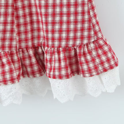 Women Clothing Summer Sexy Retro French Plaid V neck Lace Dress