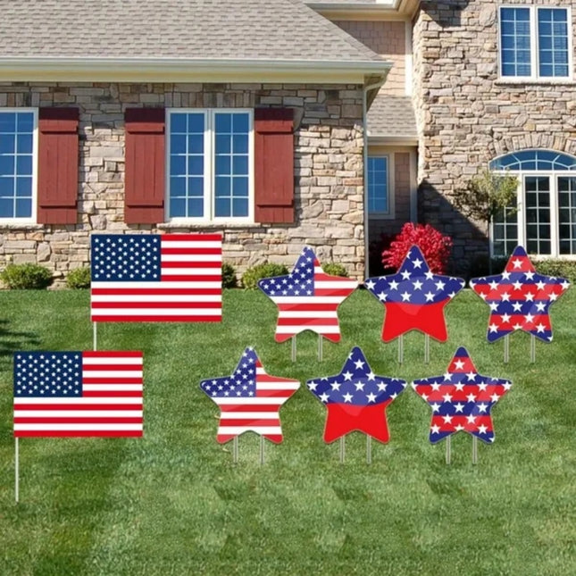 8Pcs 4th Of July Yard Sign With 16pcs Stake USA Flag Star Shape Memorial Day Lawn Decor