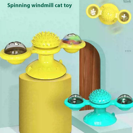 Interactive Windmill Cat Toy With LED Light Ball, Suction Cup, And Catnip Indoor Cat Exercise And Entertainment Set.