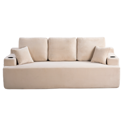 87 In 3-Seater Sofa For Living Room, Comfy Couches With Deep Seat, Plush Corduroy Fabric  With Cup Holders And Side Storage Pockets For Apartment Lounge