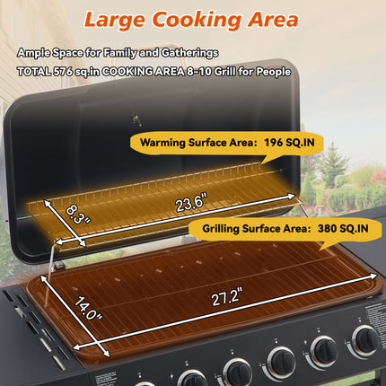 6 Burner BBQ Propane Gas Grill With Side Burner 59000 BTU Output Stainless Steel Barbecue Grill With Enamel-Coated Grates And Side Tables For Outdoor Cooking Kitchen And Patio Backyard.