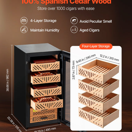 105L Electric Cigar Humidor Cooler Cabinet 1000 Counts With Compressor Cooling
