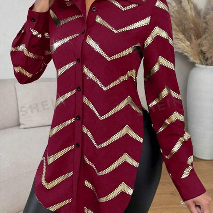 Lyxana Open Placket Foil Print Random Cut Shoulder Long Sleeve Cinched Waist Blouse Women Shirt