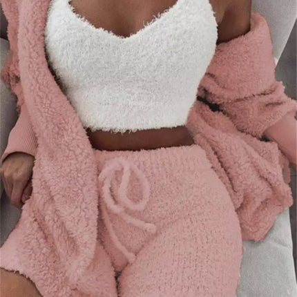 Winter Sexy Women Home Wear Suit Casual Pajamas Set Lady Female Soft Warm Long Sleeve Exposed Navel Vest Shorts Set