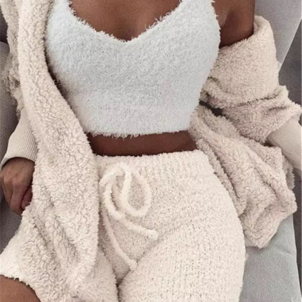 Winter Sexy Women Home Wear Suit Casual Pajamas Set Lady Female Soft Warm Long Sleeve Exposed Navel Vest Shorts Set