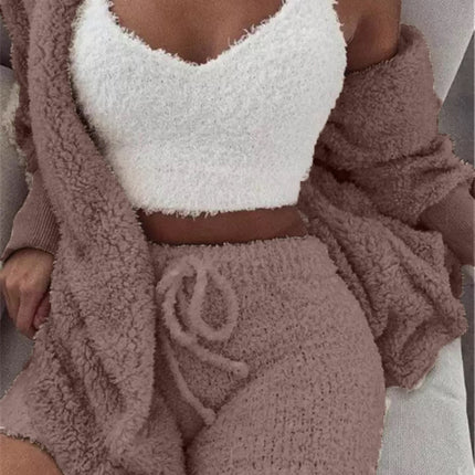 Winter Sexy Women Home Wear Suit Casual Pajamas Set Lady Female Soft Warm Long Sleeve Exposed Navel Vest Shorts Set
