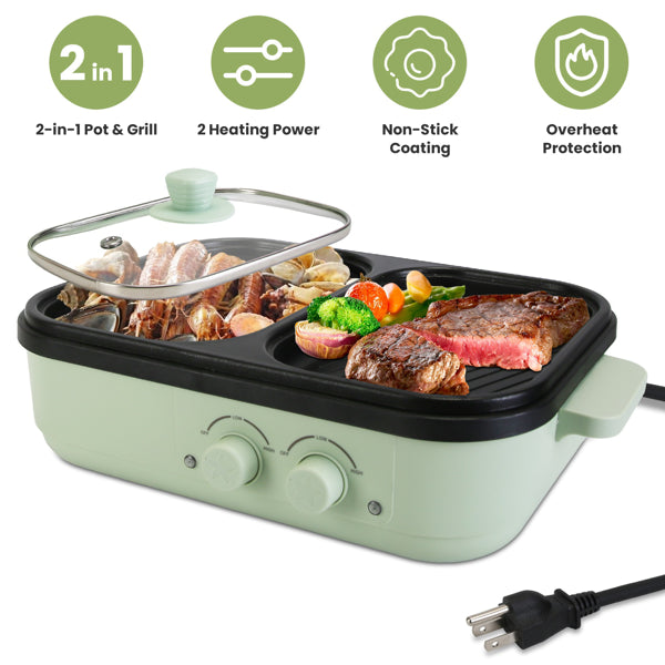 2-in-1 Electric Hot Pot & Grill Combo, Dual Separate Temperature Control, Non-Stick Die-Cast Aluminum, Overheat Protection, 33.82OZ Hot Pot 6.76OZ Grill, Portable For 1-2 People, Home Dorm Indoor BBQ