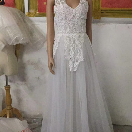 Women Wedding Dress Sleevless Flowers Lace Dress