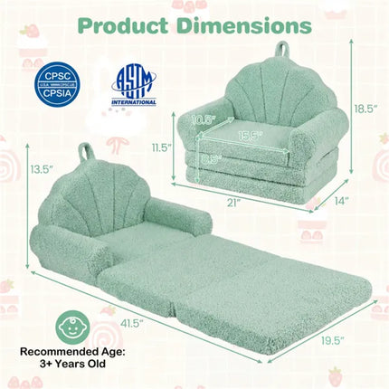 2-in-1 Flip Open Kids Sofa Lounger, Teddy Fleece Toddler Couch With Carry Handle For Ages 3+ (Green)