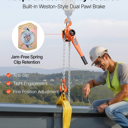 Manual Lever Chain Hoist, 1-1/2T 3300LBS Capacity Heavy Duty Come Along, 20FT Lift G80 Alloy Steel Chain With Dual Pawl Mechanical Brake,360°Rotating Hooks, For Warehouse Construction Garage