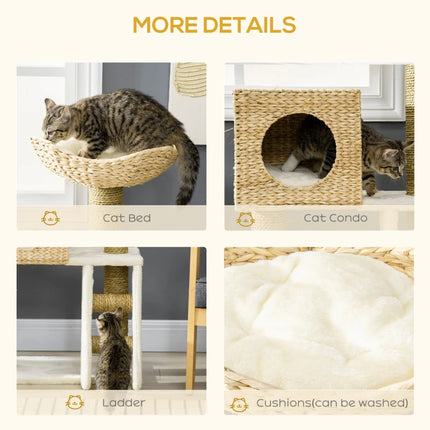 PawHut Cattail Weave Cat Tree For Indoor Cats Kitty Tower With Rattan Cat Condo, Wicker Bed, Ladder, Washable Cushions