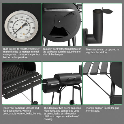 111x54x93cm Black, Double Cylinder, Wheeled, Smoked, Charcoal Grill