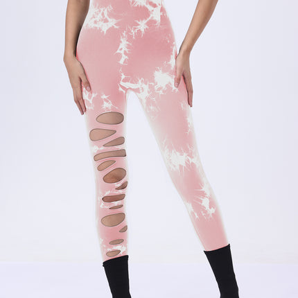 Butt Lifting Yoga Gym Athletic Pants, Hollow Out Tummy Control Sports Leggings Tie Dye Running Pants