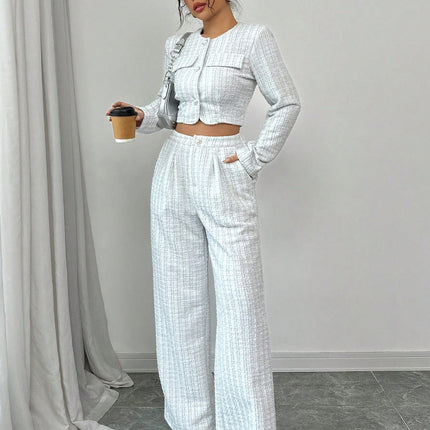 Spring And Autumn Long-sleeve Short-pants Suit, Tweed Short Jacket With Pearl Buttons, Elegant Round Neck Pearl Button Textured Jacket And Long Pants, Suitable For Commuting, Leisure, Dating, And Vaca