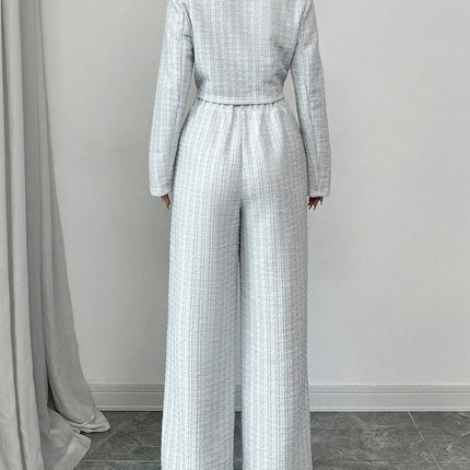 Spring And Autumn Long-sleeve Short-pants Suit, Tweed Short Jacket With Pearl Buttons, Elegant Round Neck Pearl Button Textured Jacket And Long Pants, Suitable For Commuting, Leisure, Dating, And Vaca