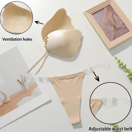 Viomisha 1 Set Women Sticky Bra And Thong Briefs Backless Strapless Bra Push Up Breathable Underwear Adhesive Invisible Lift Up Bras.