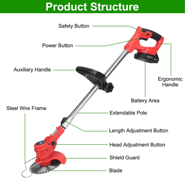 1Set Electric Cordless Grass Trimmer  With 2 Alloy Saw Blades 2 Alloy Blades 10 Plastic Blades 2 Rechargeable Batteries Goggles Gloves Auxiliary Handle Fedex Shipping