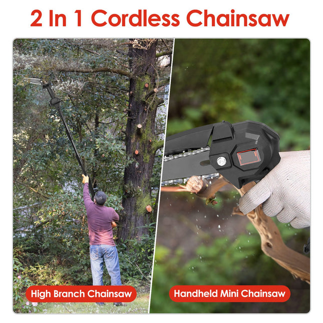 1Set 2-in-1 Cordless Pole Saw & Mini Chainsaw With 2Pcs 3000mAh Batteries 4in 6in Chains For Tree Trimming