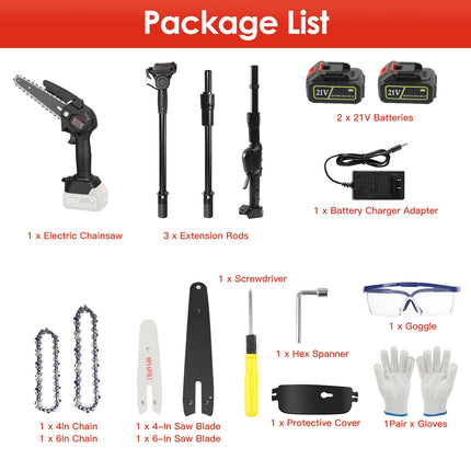 1Set 2-in-1 Cordless Pole Saw & Mini Chainsaw With 2Pcs 3000mAh Batteries 4in 6in Chains For Tree Trimming
