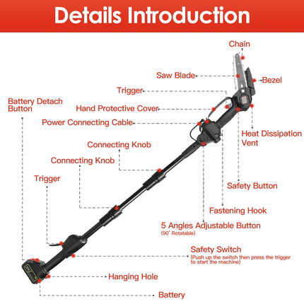 1Set 2-in-1 Cordless Pole Saw & Mini Chainsaw With 2Pcs 3000mAh Batteries 4in 6in Chains For Tree Trimming