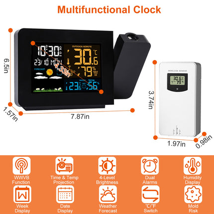Atomic Projection Alarm Clock Radio Control Clock With WWVB Function Weather Station Dual Alarms Snooze Outdoor Wireless Temperature Humidity Sensor