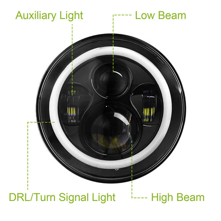 2Pc 7in 6000LM Round LED Headlight Halo Angel Eyes For Jeep Wrangler TJ JK CJ With H4 To H13 Adapter Plug And Play