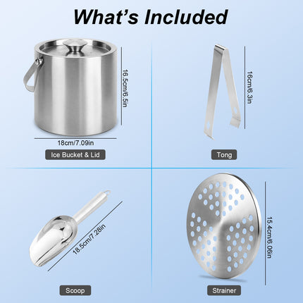 1 Set Double Wall Stainless Steel Insulated Ice Bucket 3L Ice Holder Ice Container With Lid Scoop Strainer Handle For Wine Champagne Beer Parties Cocktails
