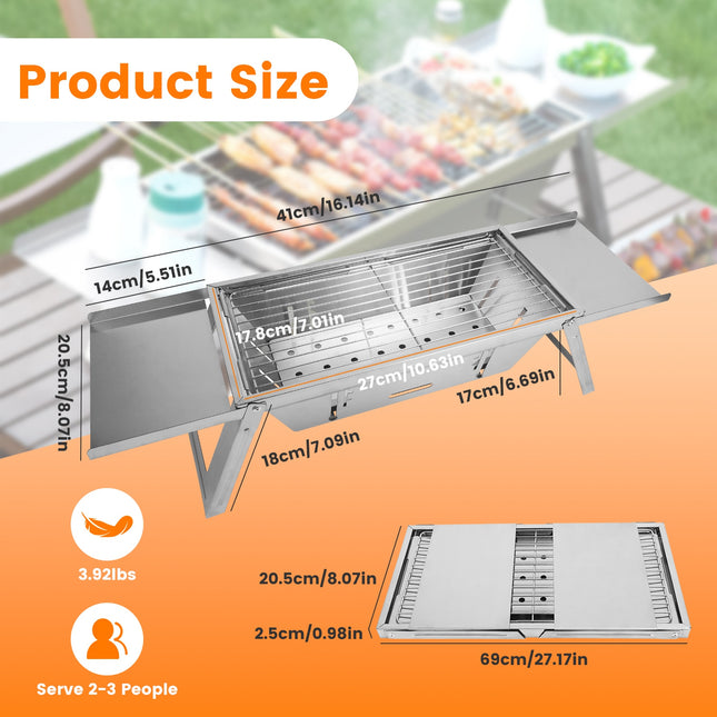 1 Set 3 In 1 Foldable Charcoal Grill Fire Pit Slow Cooker 2-3 People Portable Camping Grill Stainless Steel BBQ Grill For Camping Tailgating Yard