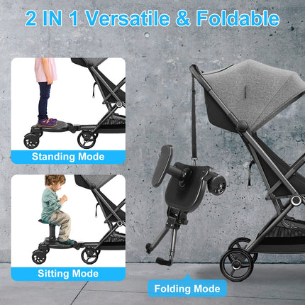 1Pc 2 In 1 Universal Stroller Board Sit & Stand Buggy Wheeled Board Toddler Stroller Attachment With Detachable Seat For 3-7 Years Old