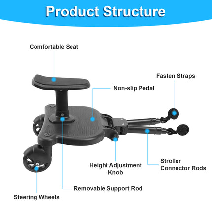 1Pc 2 In 1 Universal Stroller Board Sit & Stand Buggy Wheeled Board Toddler Stroller Attachment With Detachable Seat For 3-7 Years Old