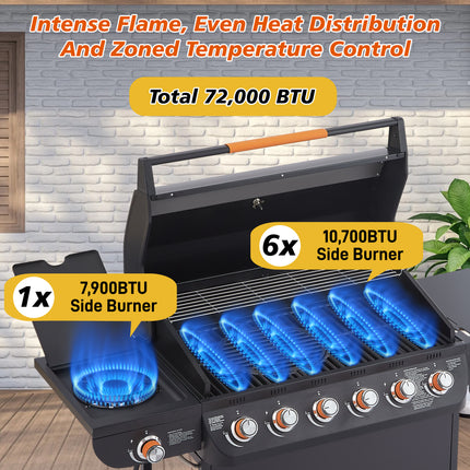 6 Burner BBQ Propane Gas Grill With Side Burner 72000 BTU Output Stainless Steel Barbecue Grill With Cast Iron Grates And Side Tables For Outdoor Cooking Kitchen And Patio Backyard.