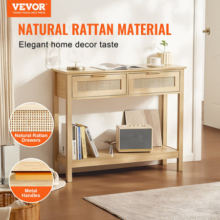 Rattan Console Table With 2 Storage Drawers, Rattan Entryway Table With Natural Rattan Sliding Door, Console Sofa Table For Living Room, Study, Entryway Or TV Wall, Natural