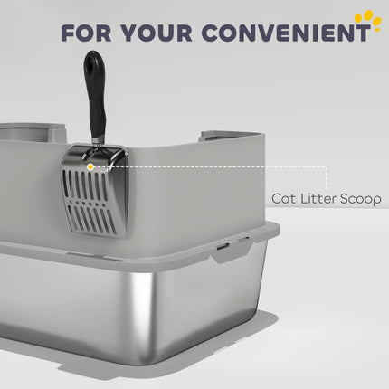 Stainless Steel Litter Box with High Sides, Metal Cat Litter Box with Scoop, Pedal, Anti-Urine Leakage, Non-Sticky