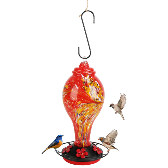 1Pc Glass Hummingbird Feeder 33OZ Hand Blown Hummingbird Feeder With 5 Flower Feeding Port Perch Ant Moat Hanging Hook S Hook Hemp Rope Cleaning Brush For Garden Decor