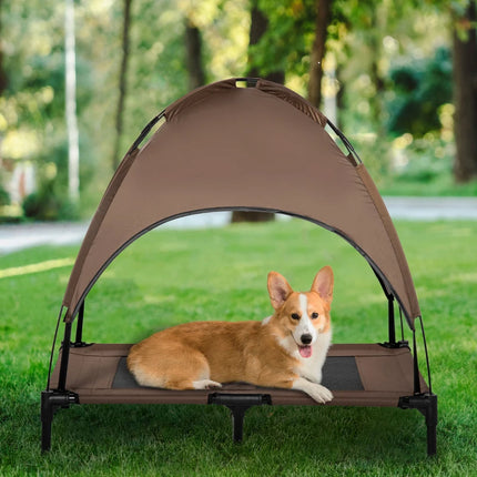 PawHut Elevated Portable Dog Cot Pet Bed With UV Protection Canopy Shade, 36 Inch, Coffee