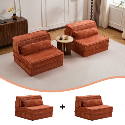 Compression Mahjong Sofa,Convertible Floor Sofa Bed,DIY Boneless Modular Sectional Sofa,No Assembly Required,Circle Fleece Fabric,Oversized 2 Seater With 2 Pillows,Orange