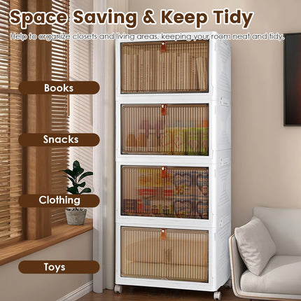 4Pc Foldable Storage Bins With Lid Front Magnetic Door Collapsible Stackable Closet Organizer Containers With 4Pcs 360 Degree Rotatable Wheels