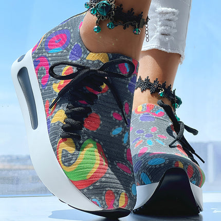 Women's Random Print Side Lace-Up Elastic Sport Shoes, Comfortable Slip-On Sneakers For Women, Casual Daily Wear Footwear