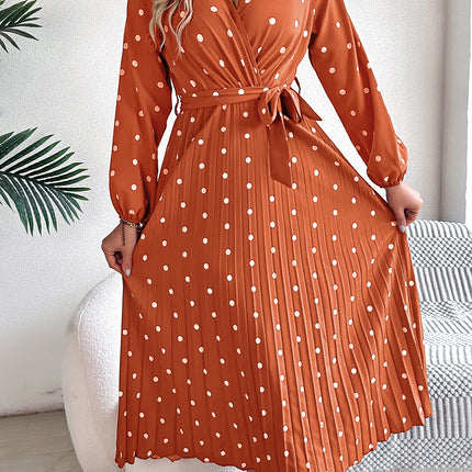 Spring Summer Elegant Long Dress Cross V-Neck Contrast Polka Dot Long Sleeve Pleated Bridesmaid Dresses